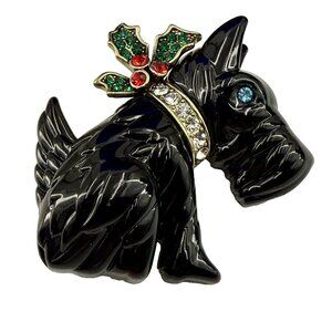 Heidi Daus Scottie Love Dog Pin Brooch Crystal Collar Christmas Holly Accent